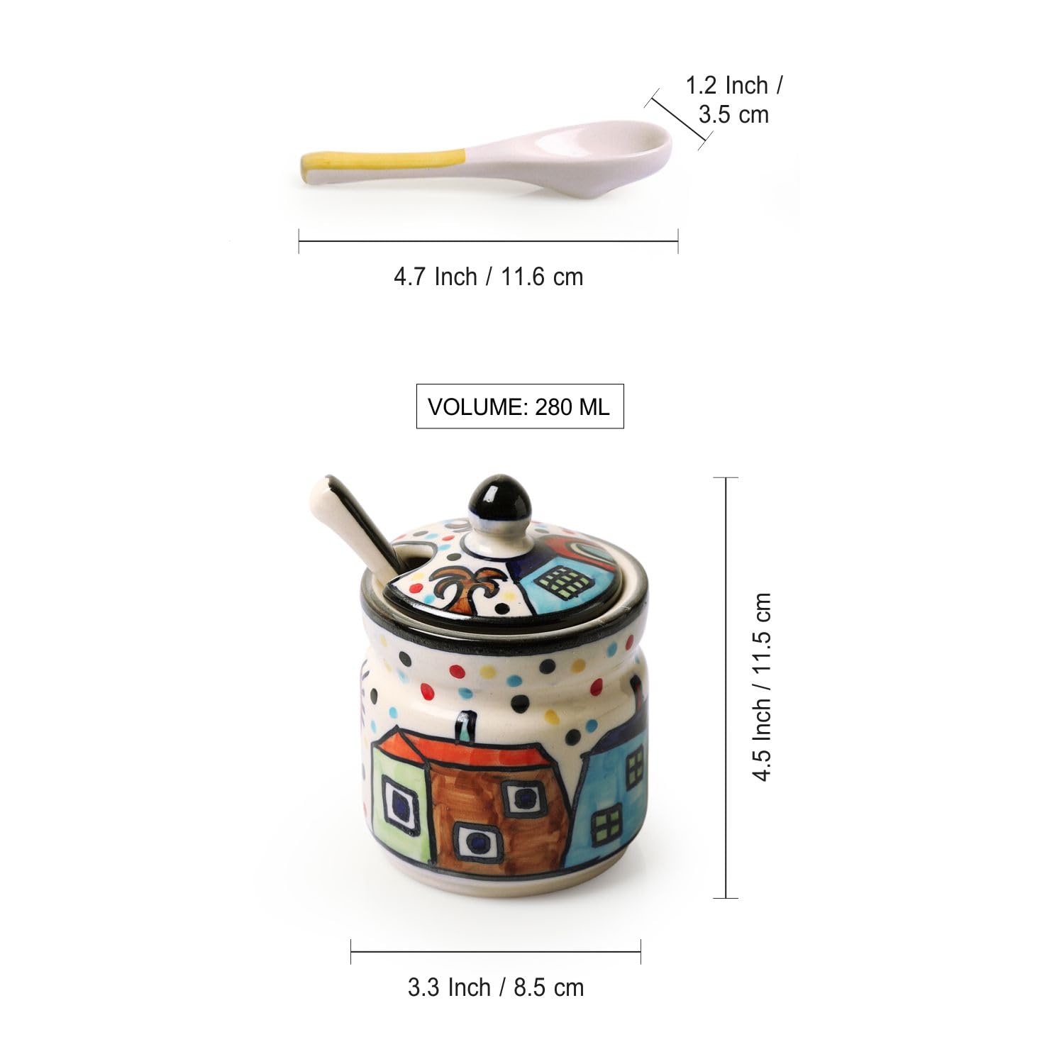 ExclusiveLane Hut Handpainted Ceramic Pickle Jars for Dining Table with Spoon & Lid |Pickle Jar for Storage Kitchen Containers S